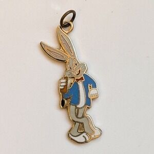 Vtg 80s Warner Brothers Bugs Bunny Cloisonne Necklace Pendant Charm Gold Tone